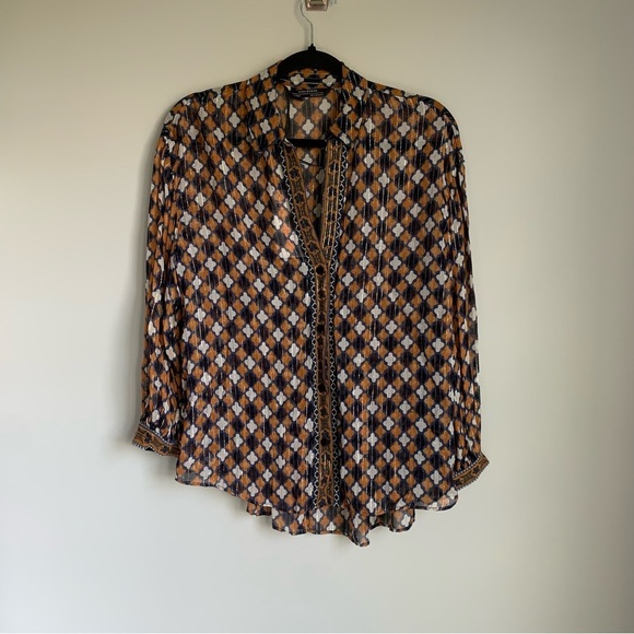 NWT Zara Woman Premium Denim Collection Geometric Print Metallic Blouse - Picture 3 of 10